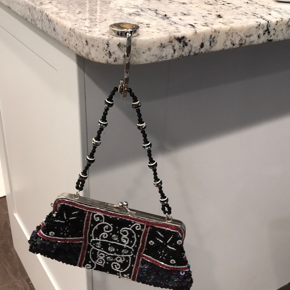 Glamorous Duo: Set of 2 Dark Blue & Gold Acrylic Resin Purse Hooks - Travel Size - Picture 3 of 4